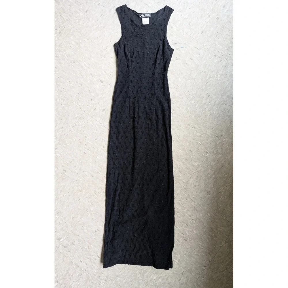 Up Front Vintage 90s Black Textured Nylon Bodycon Maxi Dress Indie Sleaze Small - Picture 2 of 10